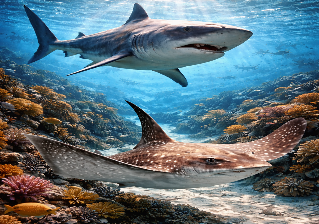 Tiburones y rayas nadando en el océano, dos grupos marinos que lograron sobrevivir al impacto del asteroide que extinguió a los dinosaurios hace 66 millones de años y continuaron dominando los mares.