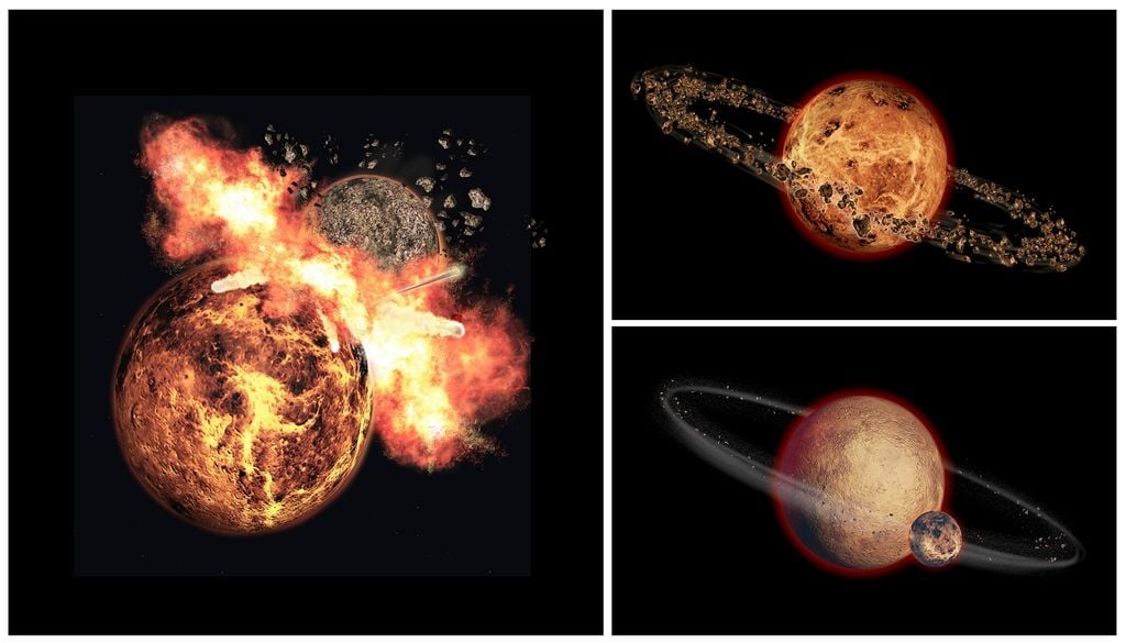 La teoría más aceptada de la formación de la Luna es la del impacto de un cuerpo contra el planeta.