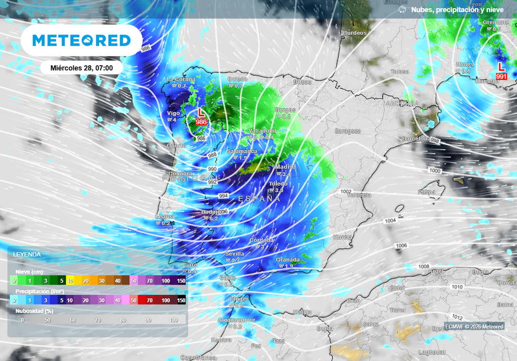 La borrascas irrumpirá esta noche por el noroeste dejará una situación muy adversa, con lluvias de cierta intensidad, nieve en cotas bajas en el norte y mucho viento.