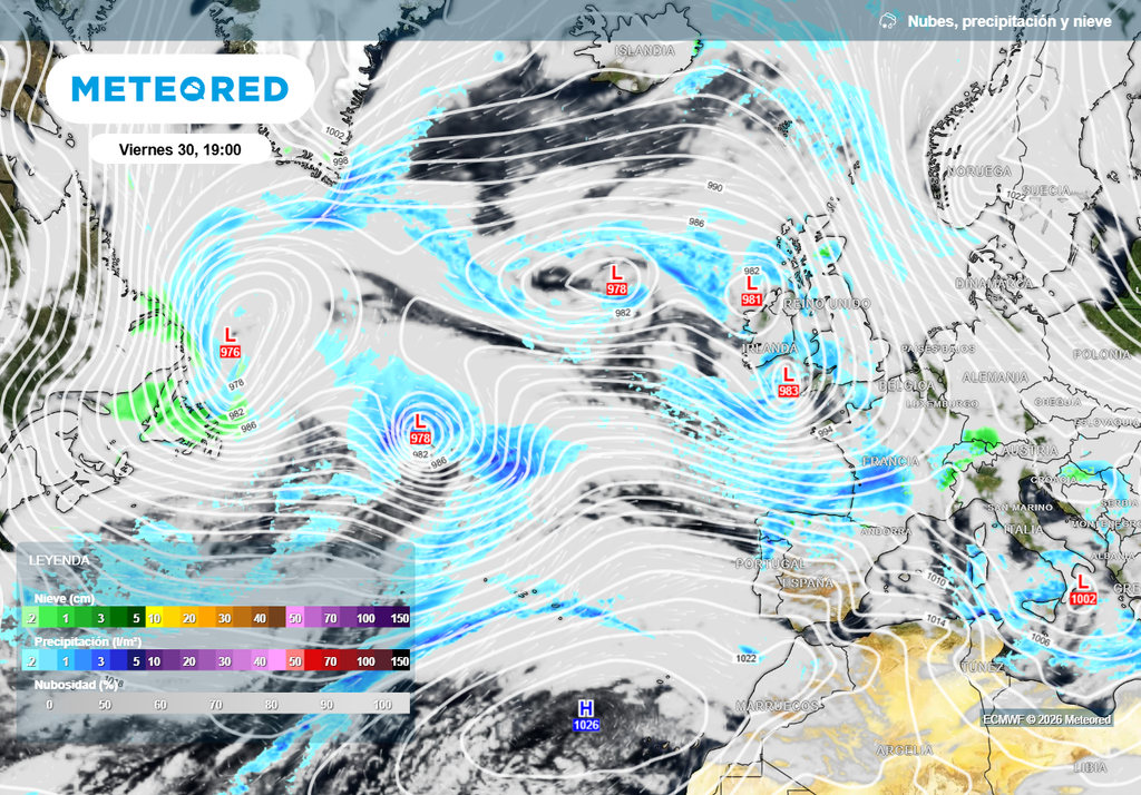 El Atlántico será un hervidero de borrascas a corto y medio plazo, con el chorro polar discurriendo por latitudes más meridionales de lo habitual.