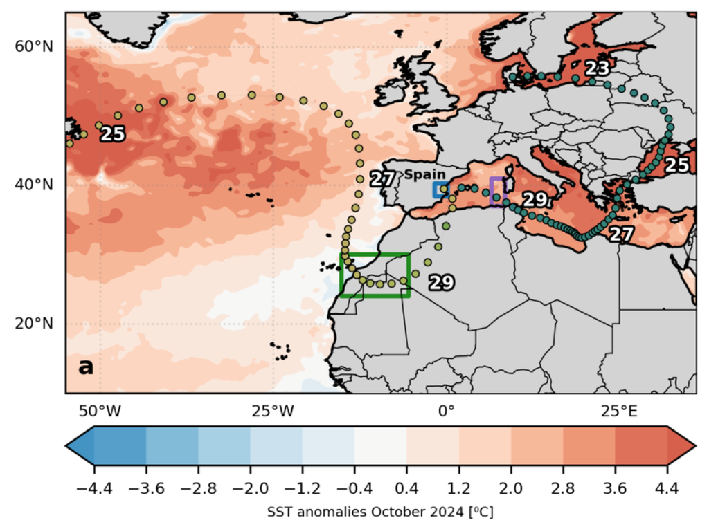 Trayectorias Trayectoria de las parcelas de aire asociadas a la DANA de Valencia y anomalías de la temperatura superficial del mar. Fuente: Weather and Climate Extremes.