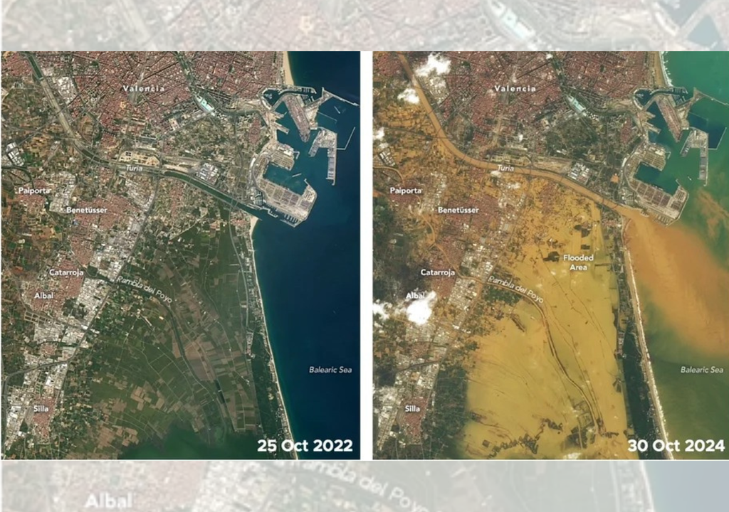 El evento de Valencia El evento de Valencia en octubre de 2024 fue uno de los más intensos de la historia moderna de Europa. Imagen Landsat 8. Fuente: NASA Earth Observatory.