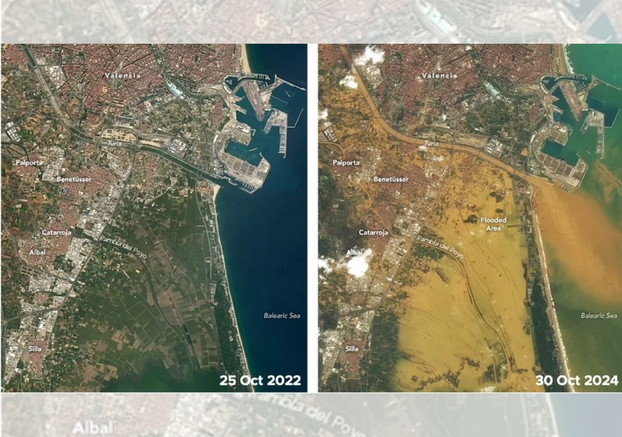 El evento de Valencia en octubre de 2024 fue uno de los más intensos de la historia moderna de Europa. Imagen Landsat 8. Fuente: NASA Earth Observatory.