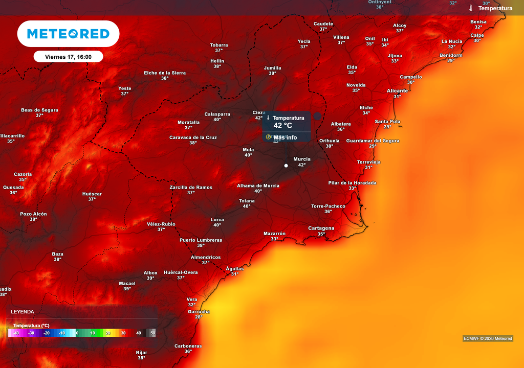 Las temperaturas más elevadas de la jornada se esperan en la Región de Murcia.