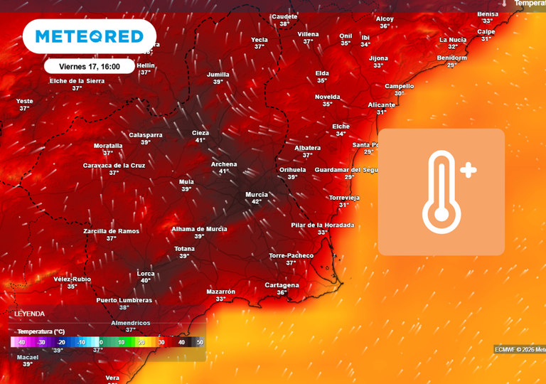 El aviso de la AEMET: a partir de las 13 horas se podrán alcanzar los 42 ºC en la Región de Murcia