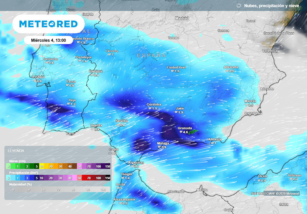 La de hoy será una jornada muy complicada en Andalucía. La interacción del río de humedad con los relieves andaluces más prominentes reforzará las precipitaciones en varias provincias.
