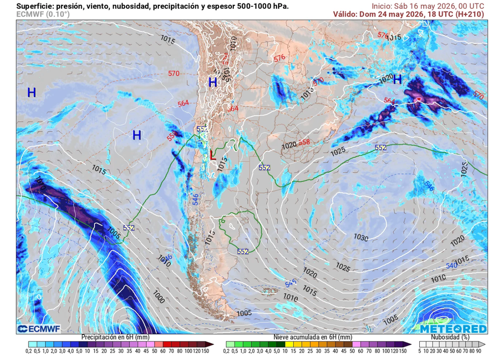El modelo del ECMWF proyecta una vaguada de aire frío más aguda sobre Chile. Esto aumentaría la inestabilidad durante el domingo 24 de mayo, dejando posibilidad de chubascos débiles en varias regiones del centro, sur y zona austral.