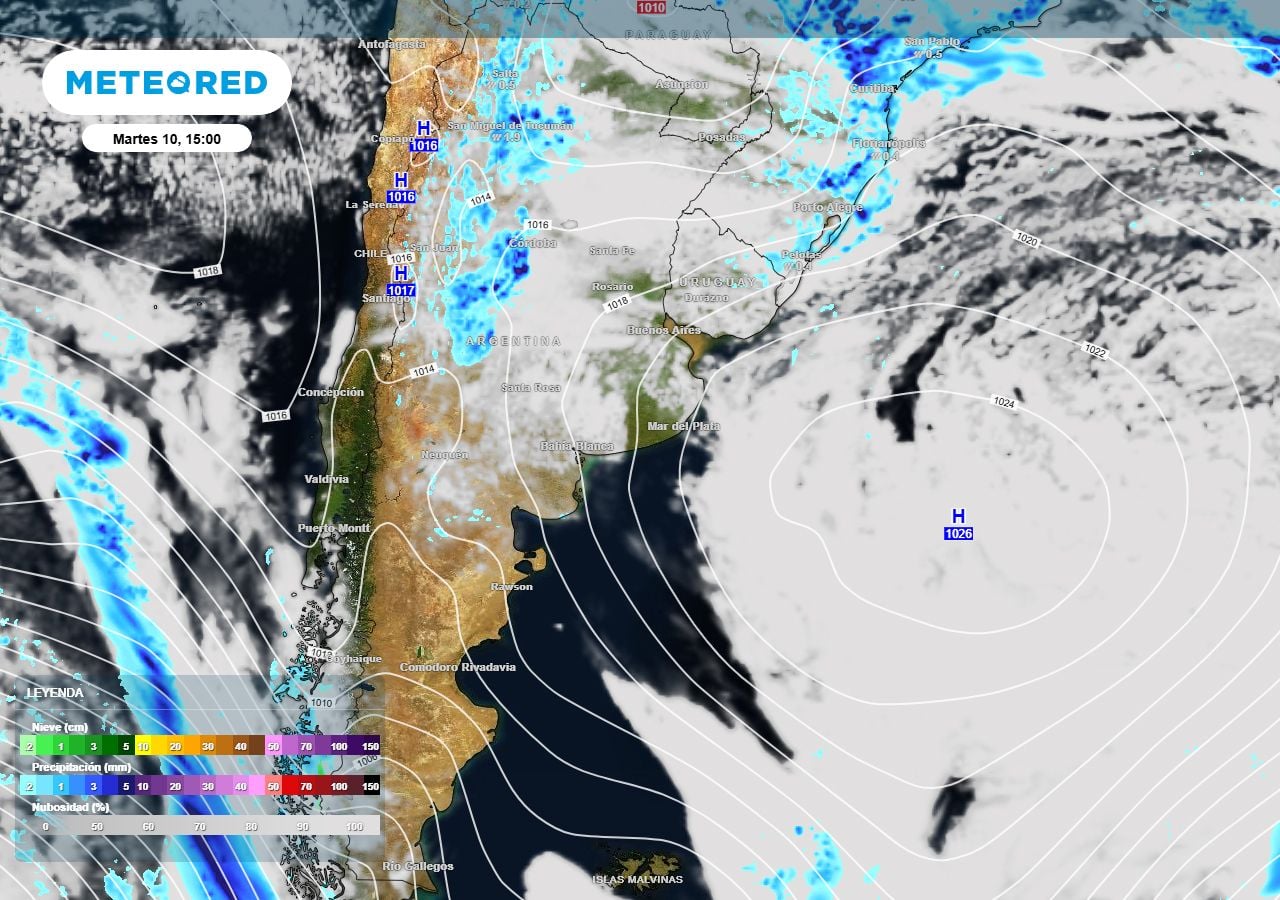 La imagen muestra la presencia del centro de altas presiones sobre el Atlántico (marcado con H en el mapa) que bloquea el avance de perturbaciones meteorológicas sobre el centro del país, a la vez que alimenta con humedad a los procesos de formación de lluvia en el oeste y norte de Argentina
