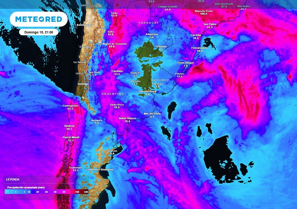 Mapa de precipitación acumulada en Argentina hasta la noche del domingo, momento en que comenzará a aumentar la inestabilidad al este de Argentina, con lluvias que revertirán la situación