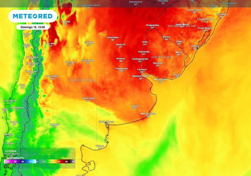 Mapa de temperaturas previstas para la tarde del domingo 15, donde se observa el marcado contraste entre el aire cálido al norte, y el más fresco al sur