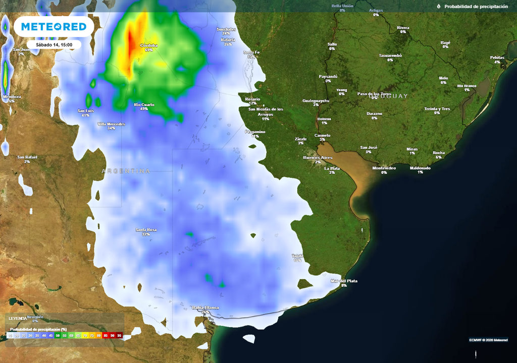 La tarde del sábado 14 presentará una ligera inestabilidad sobre Buenos Aires, intentando llegar algo de actividad de lluvias desorganizadas desde el interior del país.
