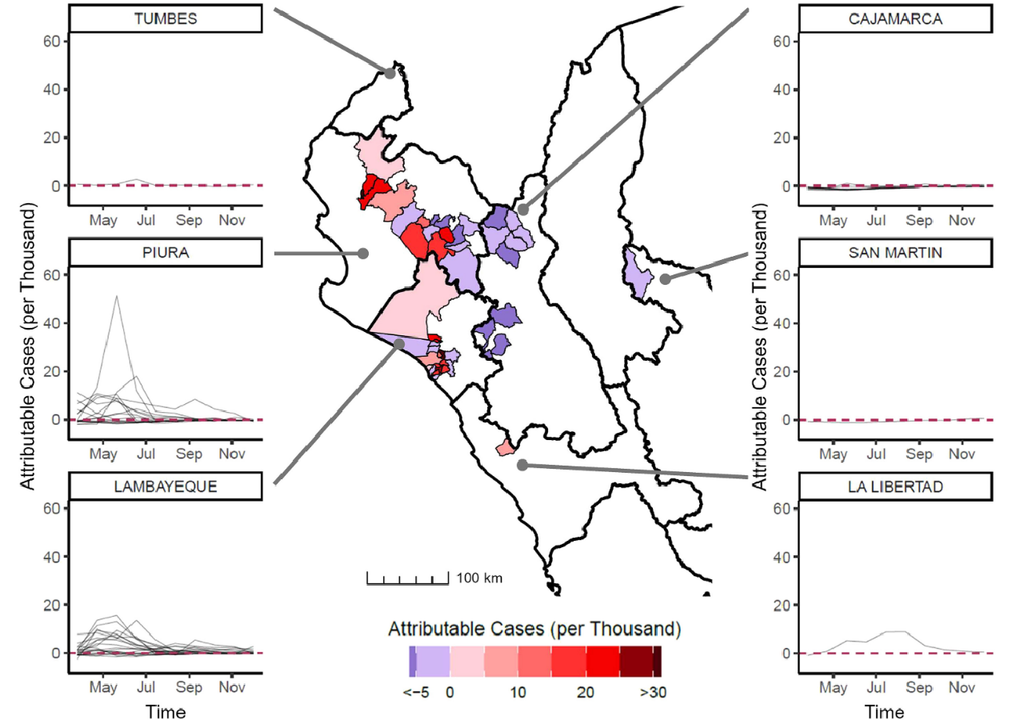 Heterogeneidad espacial en el número de casos de dengue por cada mil habitantes atribuibles a precipitaciones extremas. Créditos: Mallory J., et al. “Las precipitaciones extremas, exacerbadas por el cambio climático antropogénico, provocaron el brote de dengue sin precedentes en Perú en 2023.