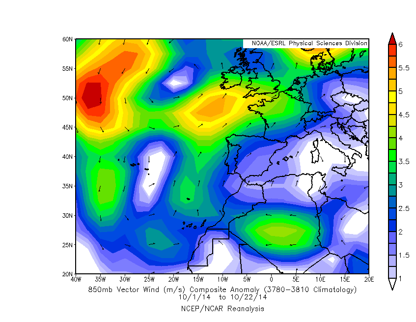 El cálido octubre de 2014 y anomalías en 850 hPa