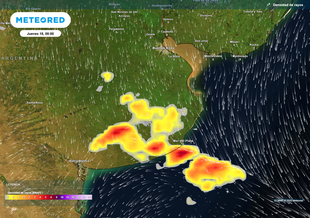 Densidad de rayos Jueves 18 de diciembre 0 h. Densidad de rayos Jueves 18 de diciembre 0 h.