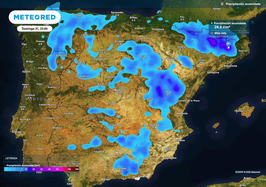 Precipitación acumulada en lo que resta de semana: las tormentas serán poco generosas en precipitación, con la excepción del nordeste de Cataluña y Pirineos.