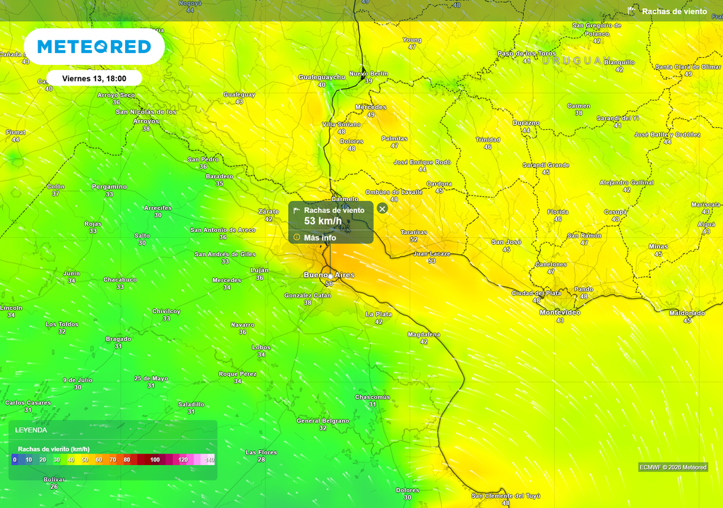 Ráfagas de viento para el viernes 13 de febrero e a las 18 h, según el modelo ECMWF.