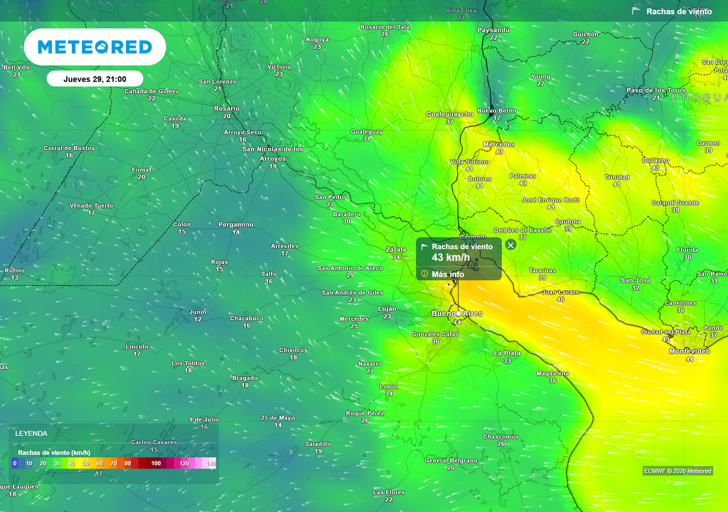 Ráfagas de viento para el jueves 29 de enero a las 21 h, según el modelo ECMWF.