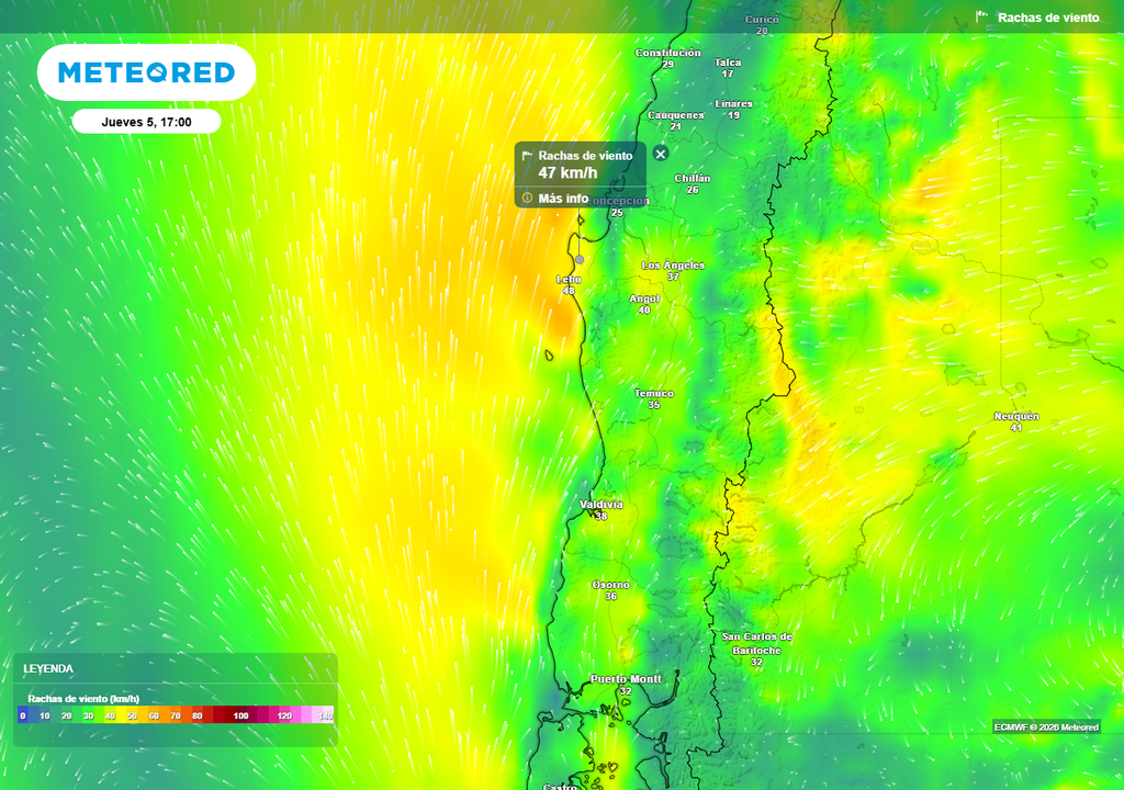 Rachas de viento (km/h) para la tarde del jueves 05 de marzo 2026 en Chile centro-sur.