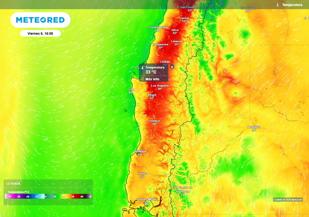 El mapa muestra la temperatura máxima (°C) para el viernes 06 de marzo de 2026 en Chile centro-sur.