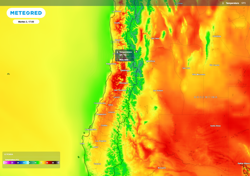 El margen anticiclónico mantiene estabilidad en la zona central este martes (03), con calor más intenso en los valles interiores y temperaturas más moderadas en la costa por influencia marina.