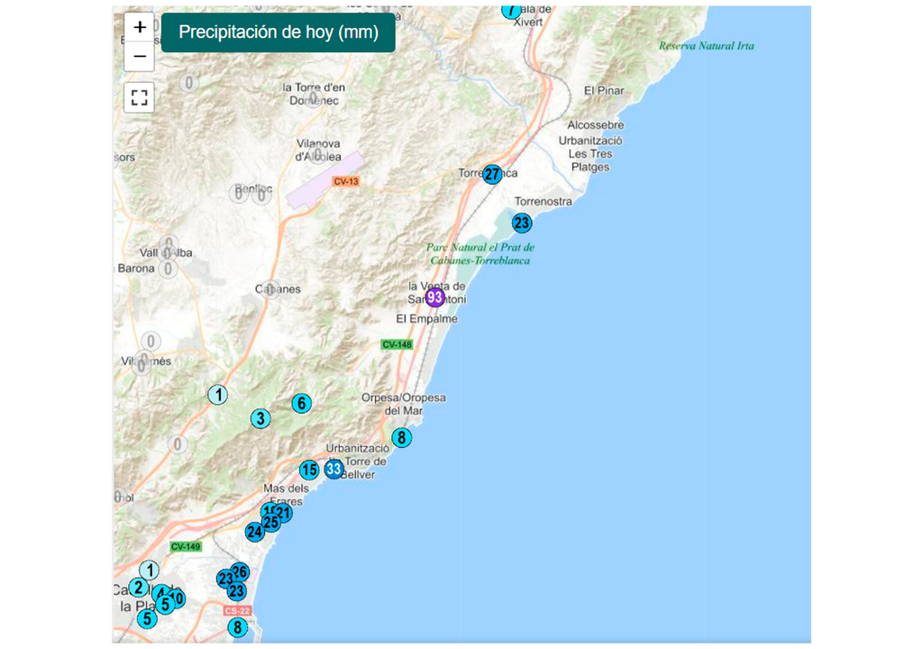 En puntos de Cabanes se han superado los 90 l/m2 hasta las 11:30 h, pero los acumulados han sido extremadamente irregulares. Fuente: Meteoxarxa de Avamet.
