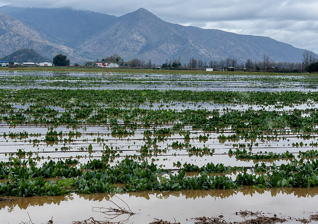 Cultivos anegados y suelos saturados: una de las consecuencias que dejó el sistema frontal en las zonas agrícolas del sur de Chile