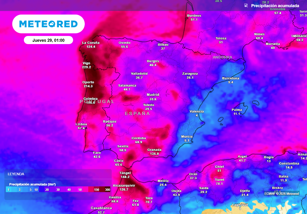 Las precipitaciones serán muy cuantiosas en la vertiente atlántica con esta sucesión de frentes atlánticos.