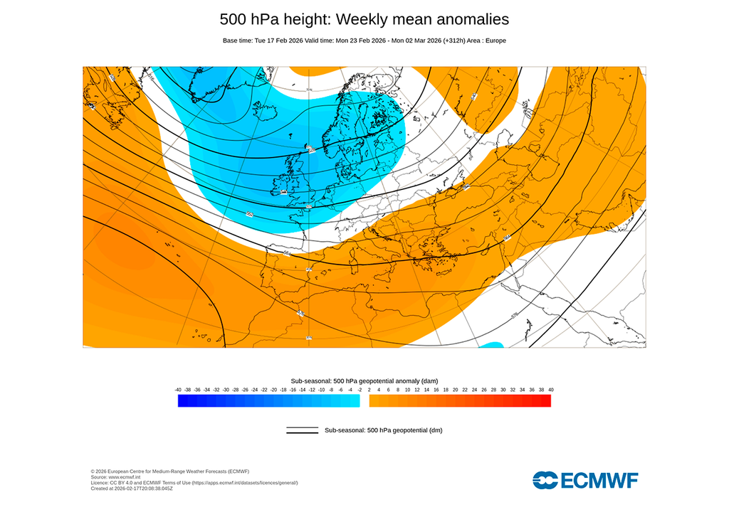 Tras el paso de Pedro, en lo que queda de febrero las bajas presiones podrían circular de forma constante por el Atlántico norte, mientras que el tiempo en España estaría condicionado por la evolución de las dorsales.