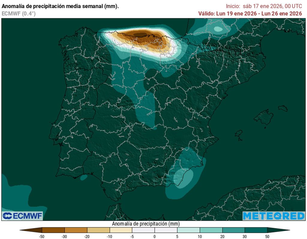 Los mapas del modelo europeo son muy contundentes: la próxima semana será mucho más lluviosa de lo habitual en casi todo el país entre Harry y los frentes atlánticos que llegarán después.