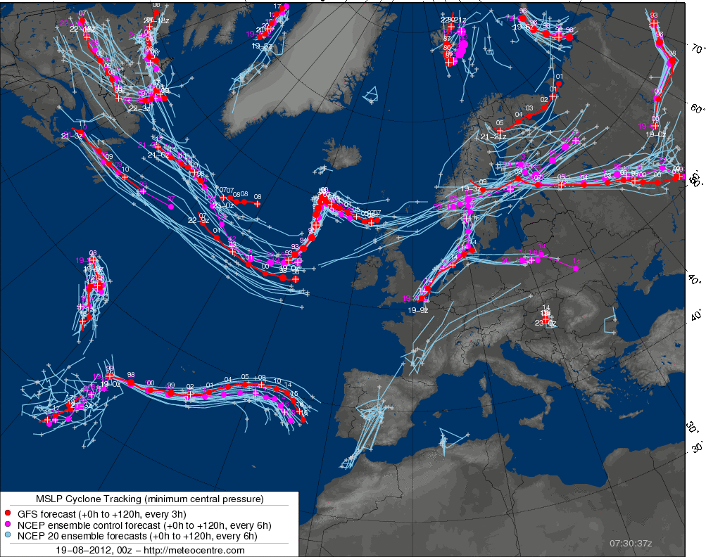 Figura 2. Trayectorias del centro de todos los ciclones previstas por el Ensemble del NCEP a corto plazo para la zona del Atlántico. El centro de bajas presiones de Gordon de situaba en las cercanías de Azores y las predicciones de los diferentes escenarios situán su desplazamiento hacia el oeste, para posicionarse frente a las costas de Portugal. Fuente: Meteocentre.