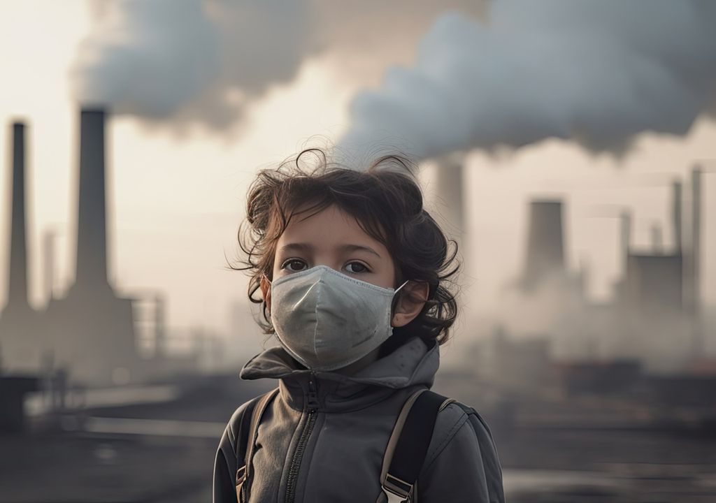 Niño con mascarilla fondo industria contaminando Niño con mascarilla fondo industria contaminando