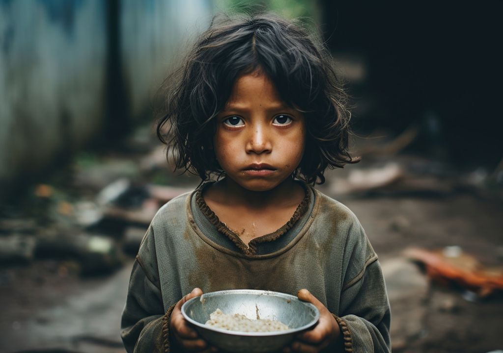 Niño con hambre y plato en sus manos fondo de pobreza