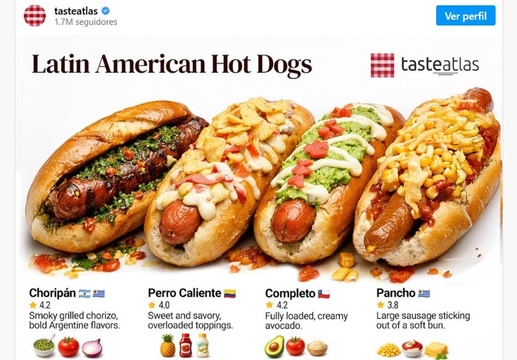 hot dogs En el ranking, el clásico Choripan (chorizo + pan) comparte junto al completo el puesto n°1. Imagen: Taste Atlas.
