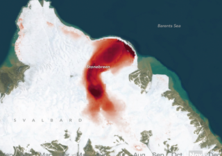El coraz&oacute;n palpitante del glaciar de oleaje Stonebreen visto desde sat&eacute;lite