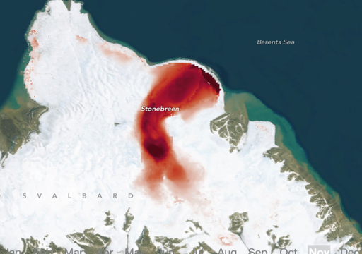 El coraz&oacute;n palpitante del glaciar de oleaje Stonebreen visto desde sat&eacute;lite