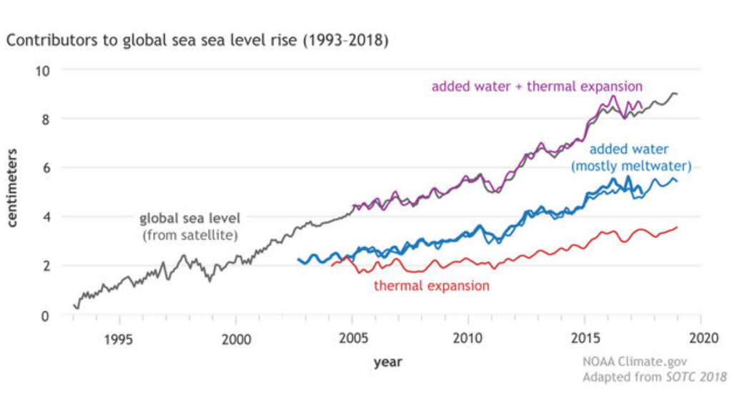 El gráfico muestra cómo el aumento del nivel del mar observado por satélites desde 1993 se explica principalmente por dos factores: el agua añadida por el deshielo de glaciares y capas de hielo, y la expansión térmica del océano. Crédito: NOAA Climate.gov, adaptado de State of the Climate in 2018.