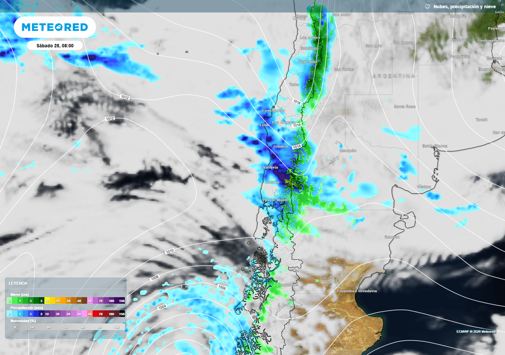 pronóstico de nubes y precipitación Se esperan pulsos intensos de lluvias sobre el sur de Chile. El viento podría intensificarse con el paso de alguna nube cumulonimbus.