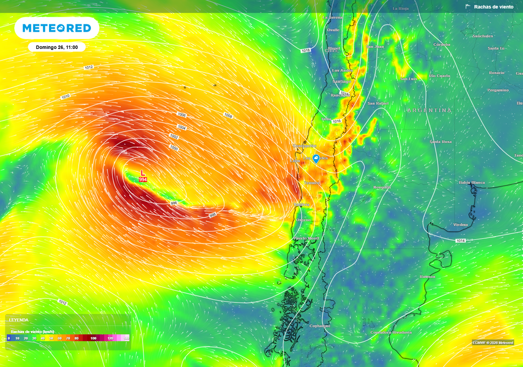 vientos máximos previstos No sólo lluvias importantes traerá el sistema frontal del domingo: el viento será de consideración, con rachas que rondarán los 100 km/h.