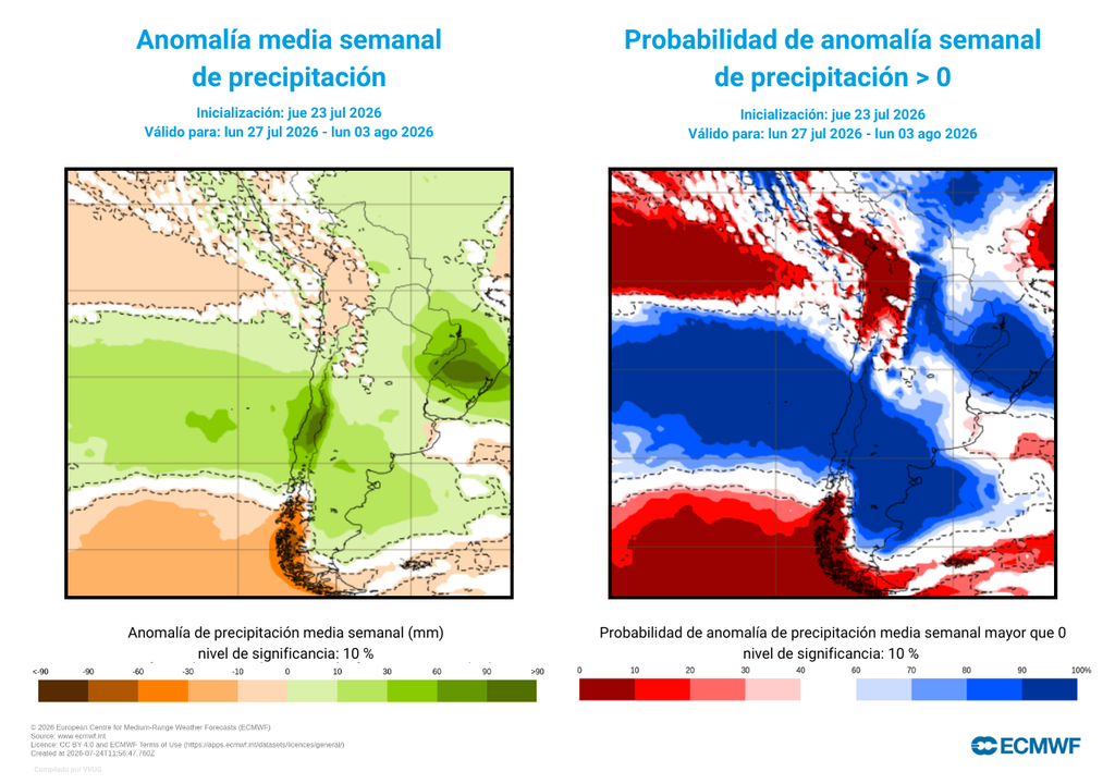 anomalías de precipitaciones y probabilidad Varias regiones del país presentarán alta probabilidad de registrar precipitaciones por sobre el promedio, según datos del ECMWF.