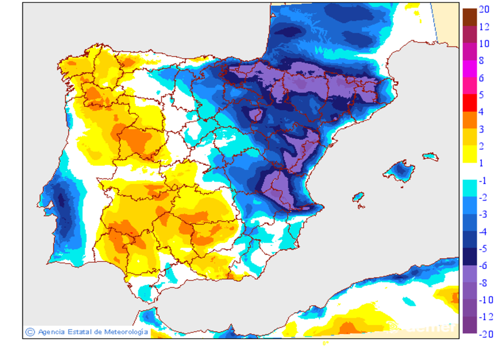Variación de las temperaturas máximas de mañana en la Península y Baleares respecto a las de hoy. Fuente: AEMET