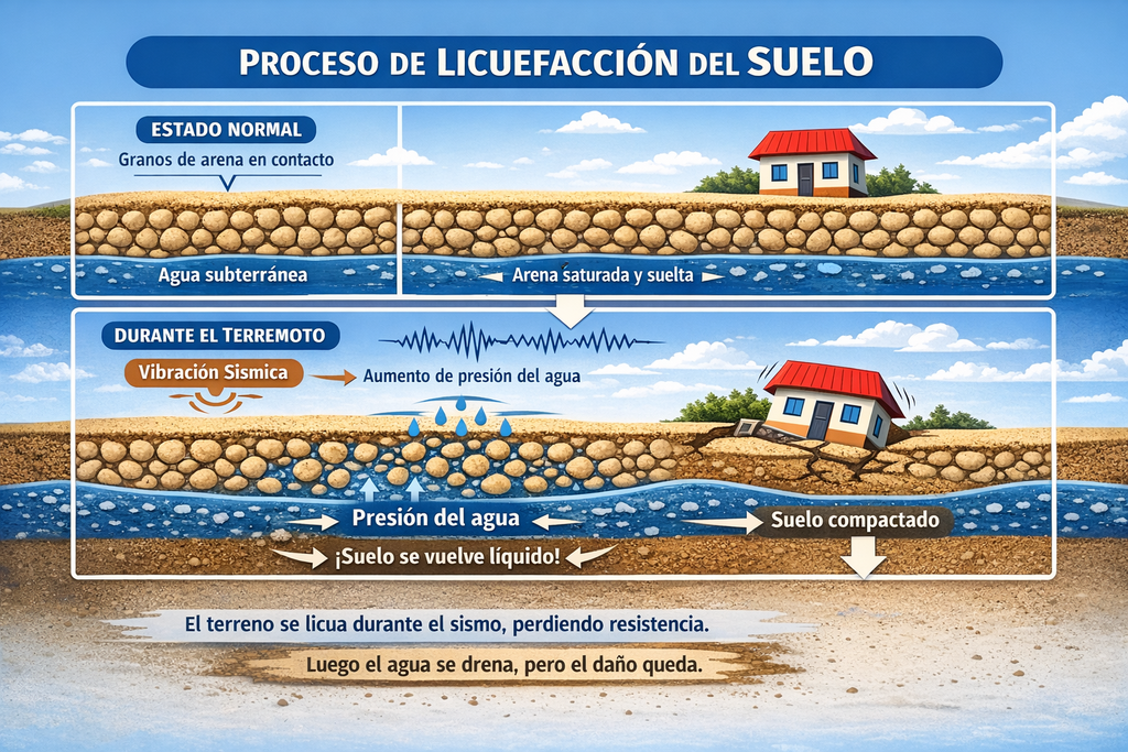 Lo que parece suelo firme puede transformarse en una masa inestable en cuestión de segundos. Este esquema muestra cómo la vibración sísmica puede hacer que la tierra se comporte como un líquido.