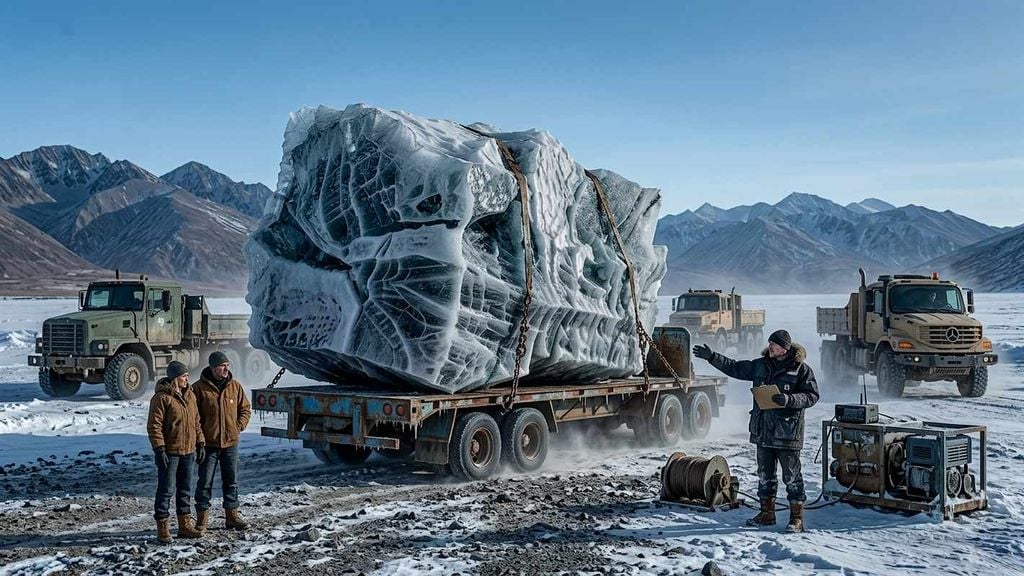 Bloque de hielo en 1977 para llevar a Iowa desde Alaska Transportar icebergs hasta zonas áridas resultó demasiado caro y complejo: el enorme coste y las dificultades técnicas impidieron convertir la idea en una fuente viable de agua dulce.