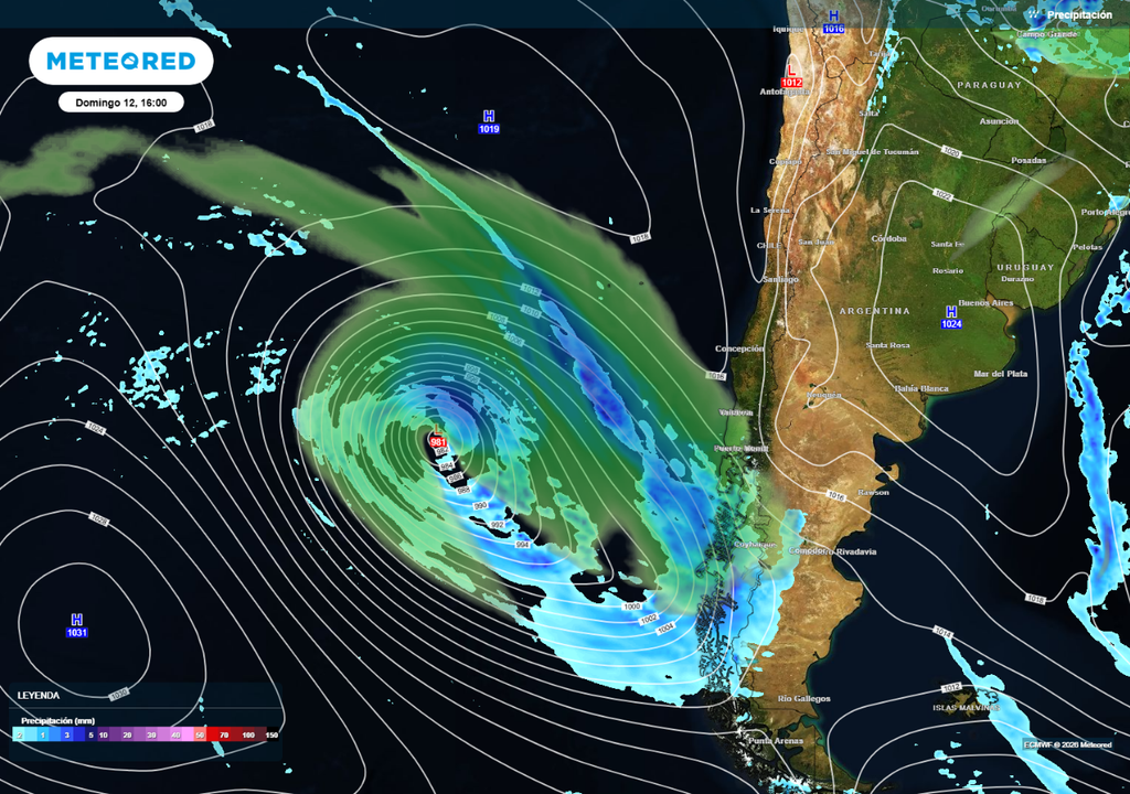 sistema frontal previsto Un frente frío, con río atmosférico débil, dejará lluvias en la Patagonia y sur de Chile este fin de semana.