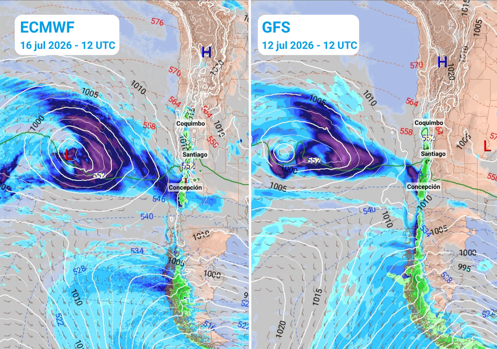 comparación de modelos ECMWF y GFS Tanto el modelo europeo (ECMWF) como el modelo norteamericano (GFS) muestran el probable desarrollo de una baja presión frente a la zona central, capaz de llevar lluvias a sectores del norte chico y centro del país.