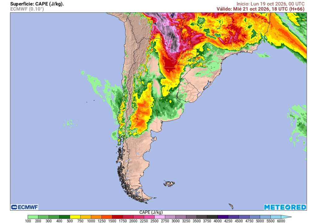 El CAPE es una variable que nos indica el potencial de energía convectiva disponible. La zona central y sur tendrá valore altos esta semana.