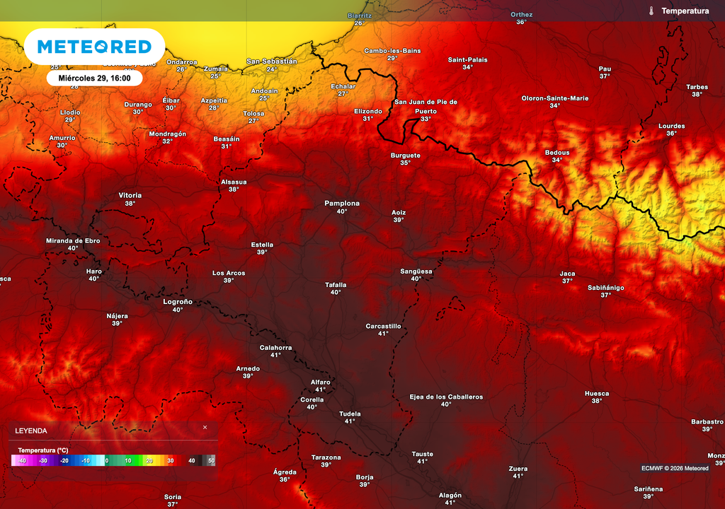 Temperatura máxima prevista por el modelo europeo para mañana en Navarra, antes de la entrada de vientos del nordeste más frescos.