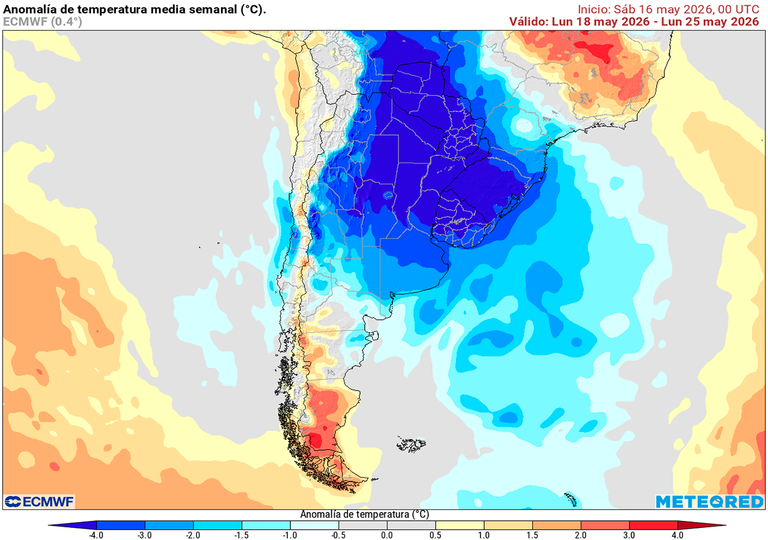 El ECMWF anticipa m&aacute;s fr&iacute;o y escasas precipitaciones para la segunda mitad de mayo en Argentina