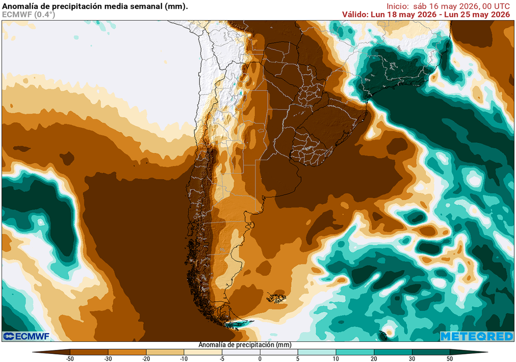 Anomalía de precipitaciones prevista para la semana del 18 al 25 de mayo según el modelo ECMWF