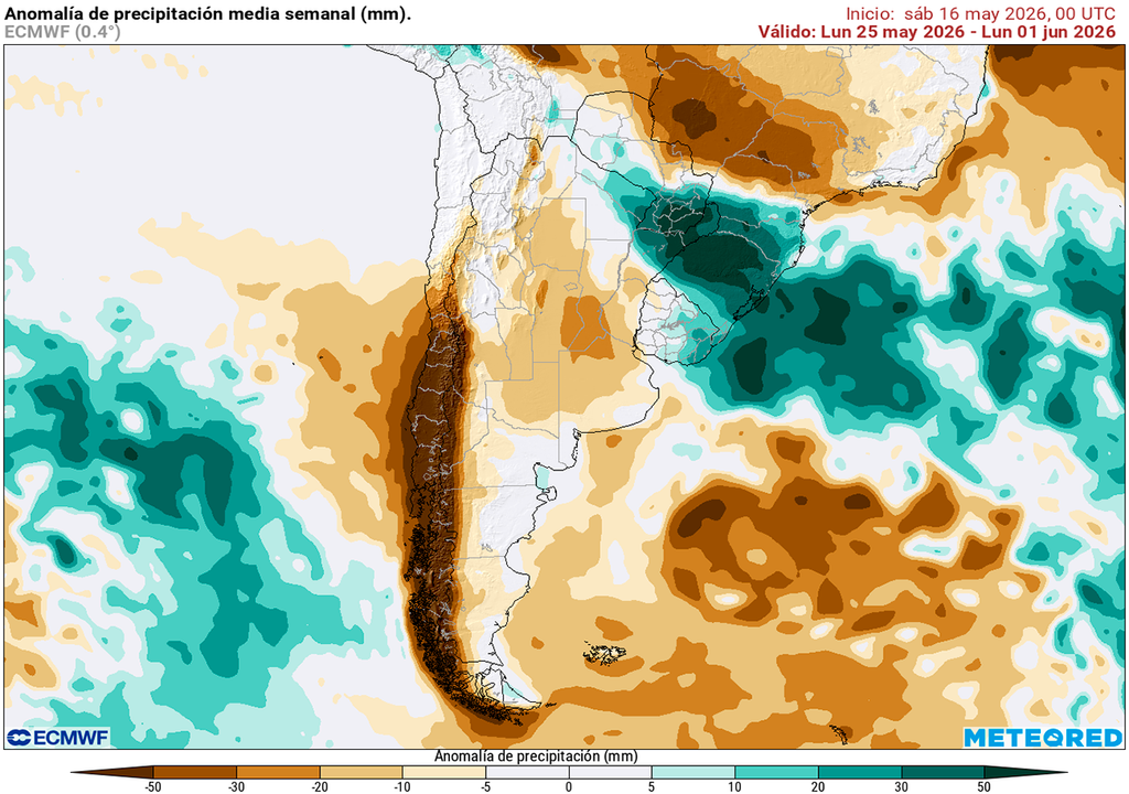 Anomalía de precipitaciones para la semana del 26 de mayo al 1 de junio según nuestro modelo de referencia ECMWF