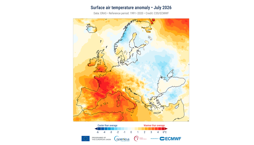 Anomalia da temperatura do ar à superfície em julho de 2026 em relação à média de julho do período 1991-2020. Fonte dos dados: ERA5. Crédito: C3S/ECMWF.